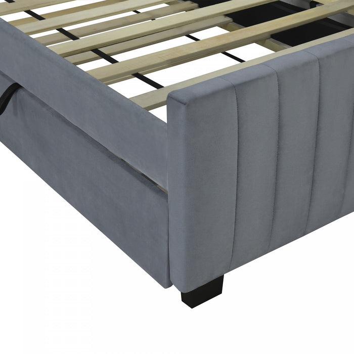 Lit plateforme Ethan rembourre en velours, gain de place, avec tiroir gigogne, taille simple, gris