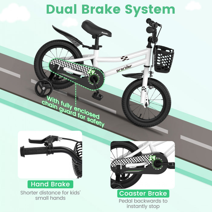 Velo Costway 14\" Pour Enfants Avec Roues D'entrainement Amovibles Et Panier Pour 3-5 Ans Blanc