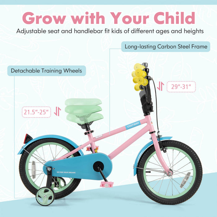 Costway 16\" Velo Pour Enfants Avec Guidon Reglable De Selle Roues D'entrainement Amovibles Frein A Main Rose