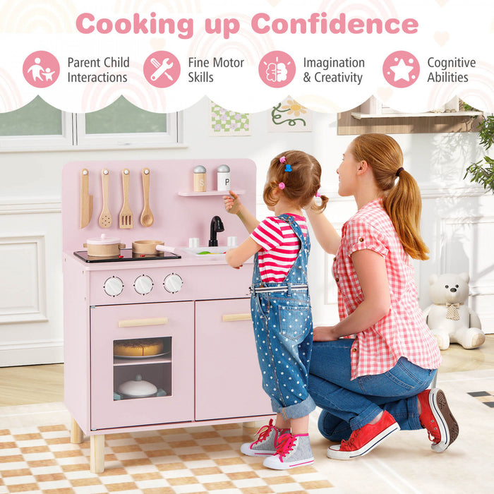 Costway Kids Kitchen Playset Avec Light Up Kitchen & Cooking Sounds Faucet D'evier De Four Rose