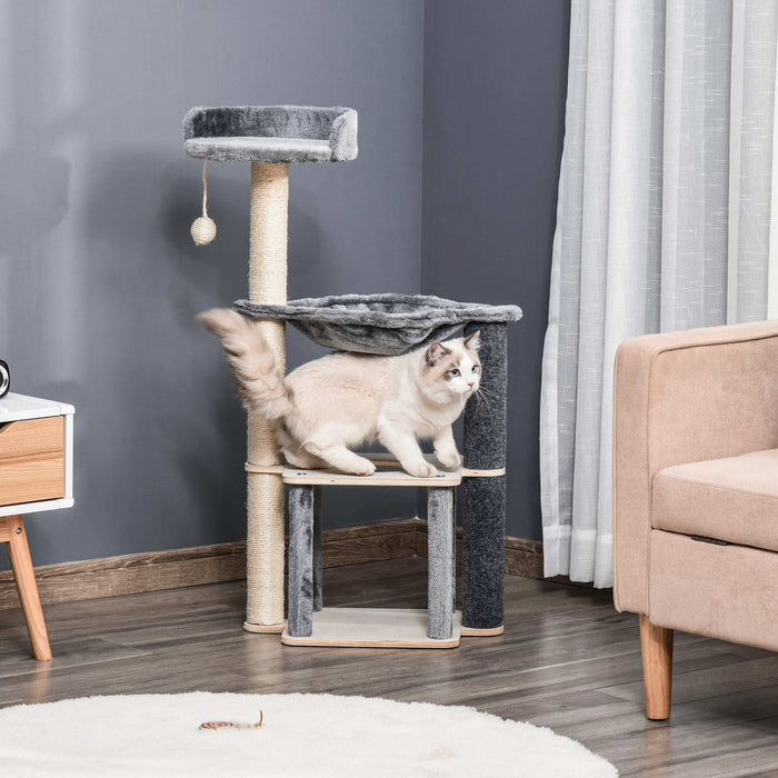 Pawhut Arbre A Chat, Tour A Chat A Plusieurs Niveaux Avec Perchoir, Griffoir, Condo Pour Chat, Hamac, Balle A Suspendre, Meubles Pour Chat D'interieur, Gris