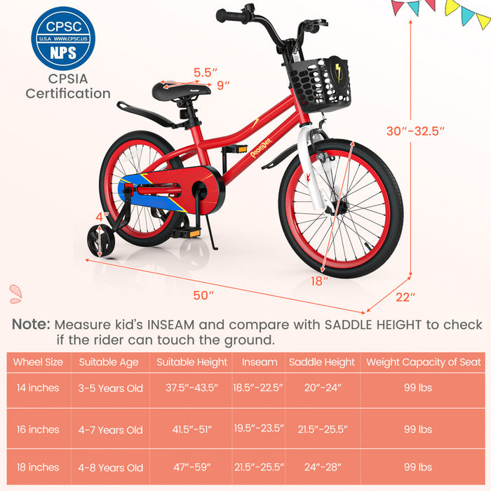 Velo Costway 18\" Pour Enfants Avec Roues D'entrainement Amovibles Et Panier Pour 4-8 Ans Rouge