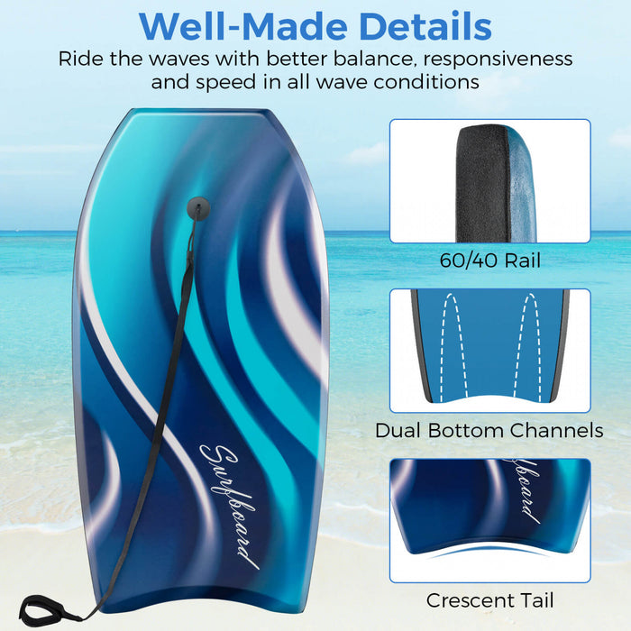 Costway 37\" Body Board Leger Avec Eps Core Xpe Deck Hdpe Fond Croissant Tail Bleu
