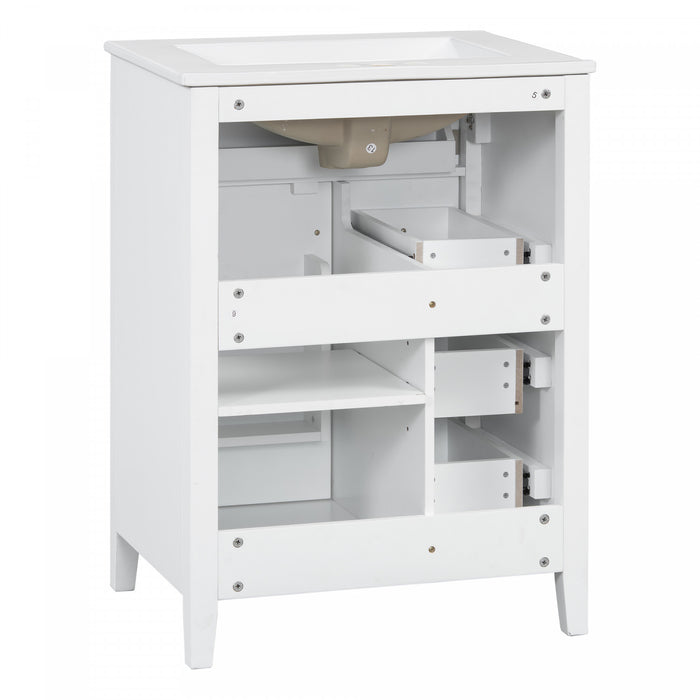 Scott Meuble-lavabo de 24\" avec vasque en ceramique et pieds en bois caoutchouc, Blanc