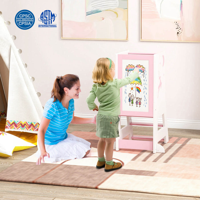 Costway Tout-petit Enfant Tabouret De Cuisine Aidant Bebe Tour Debout Avec Tableau Et Tableau Blanc Rose