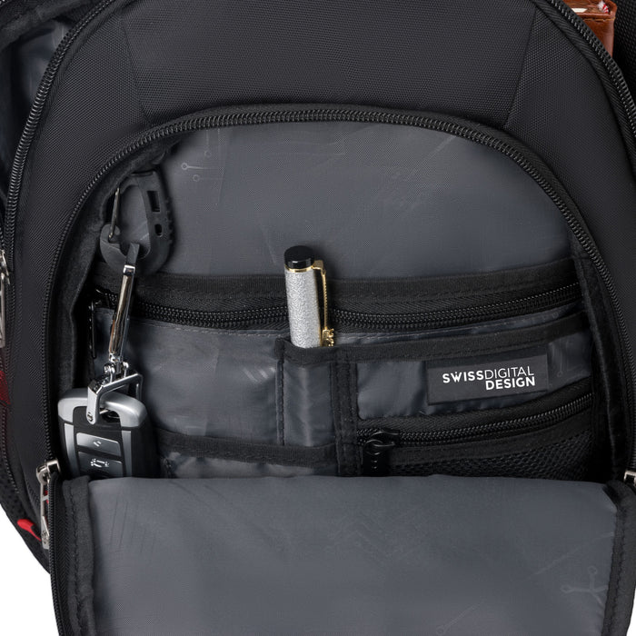 Sac a dos Swissdigital Neptune – Sac pour ordinateur portable de 16\", chargement USB, detecteur SDD, protection RFID, compatible TSA, systeme Add-A-Bag
