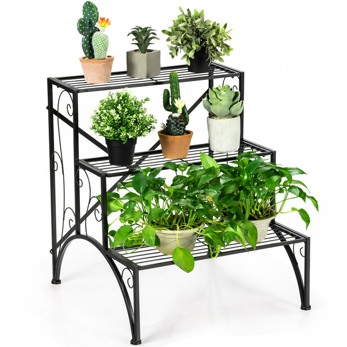 Support Pour Plantes En Metal 3 Niveaux, Support Pour Pots De Fleurs Avec 3 Etageres Ouvertes, Pieds Antiderapants Et Structure Metallique Robuste, Support Decoratif Pour Plantes Pour Jardin, Balcon, Terrasse, Montage Facile
