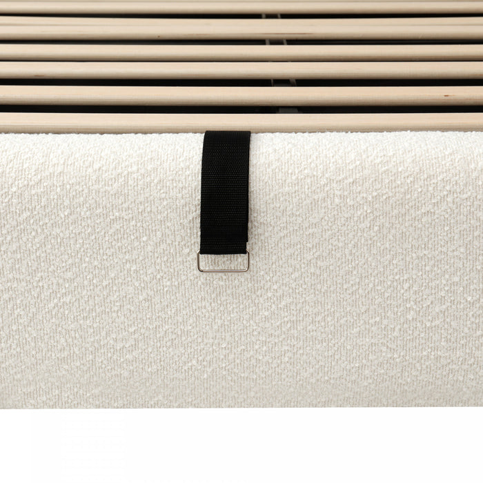 Lit plateforme Laurel avec coffre de rangement a levage hydraulique, tapisserie bouclee et espace de rangement cache sous le lit, taille Queen, blanc