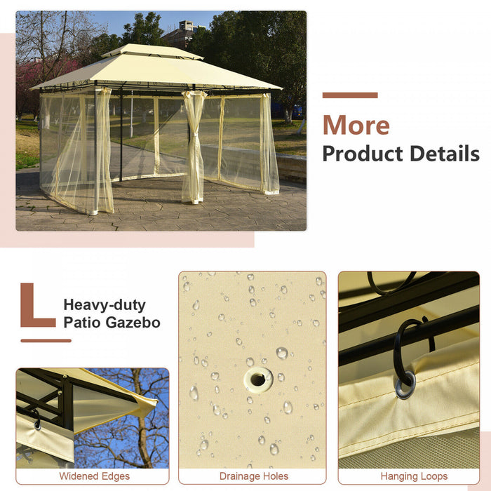 2-tier 10’x13’ Acier Gazebo Canopy Tente Abri Patio Jardin Filet Exterieur Beige