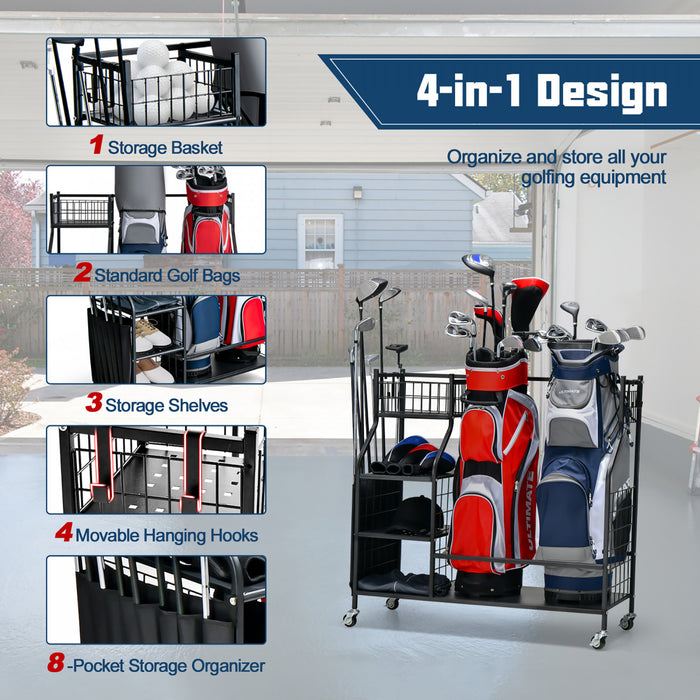 Support De Rangement Pour Sac De Golf Pour Garage, Double Organisateur De Sac De Golf Avec Roues Universelles Verrouillables, Organisateur De Stockage Supplementaire Pour Clubs De Golf Et Autres Equipements De Golf, Support Pour Sac De Golf Avec Support Pour Clubs De Golf
