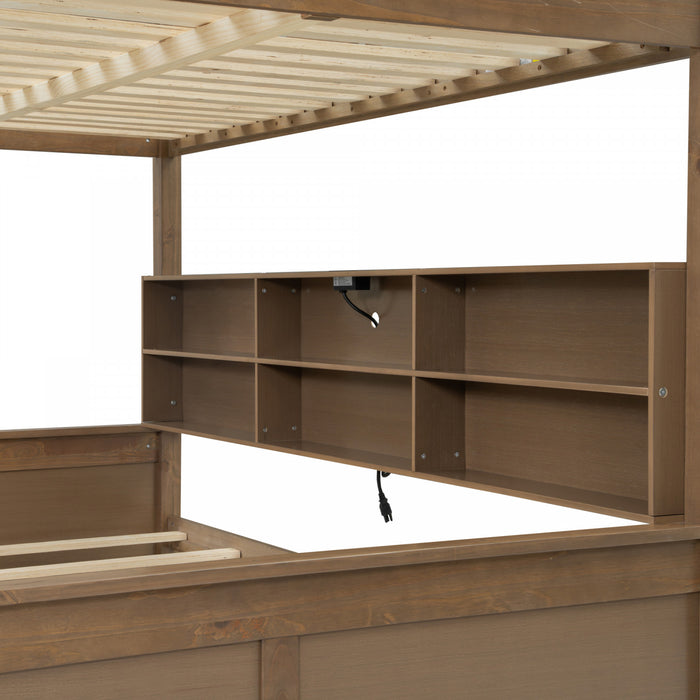 Lit superpose Liam en bois massif Full XL sur Queen avec rangement et ports USB, brun