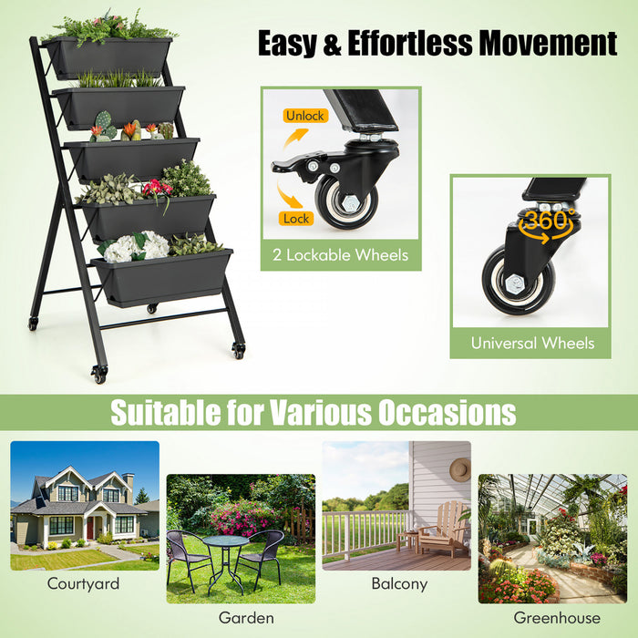 Costway 5-tier Vertical Raised Garden Bed Elevated Planter Avec Roues Et Boites A Conteneurs