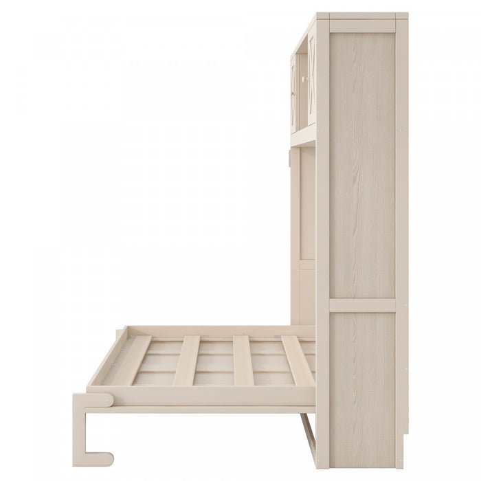 Lit escamotable Ethan en bois massif avec armoires de rangement, taille full, beige