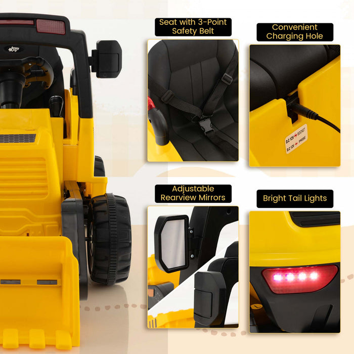Costway 12v Enfants Rouler Sur Le Tracteur De Construction Avec Corne & Musique & Queue Led Lumieres Jaune