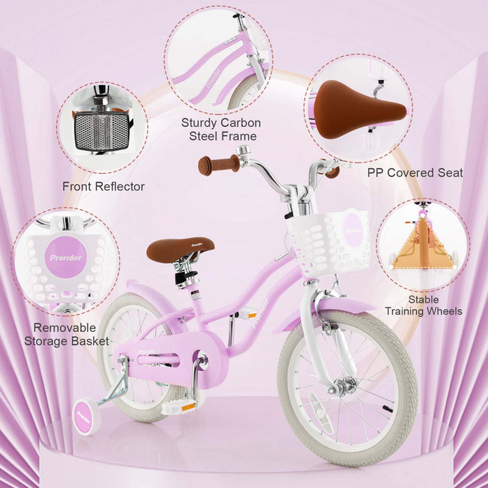 Costway 16\" Enfants Velo Tout-petit Velo Reglable Avec Roue D'entrainement Pour Fille De 4 A 7 Ans