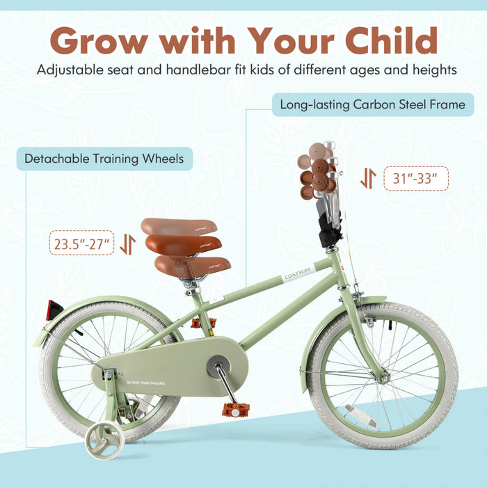 Costway 18\" Velo Pour Enfants Avec Guidon Reglable De Selle Roues D'entrainement Amovibles Frein A Main Vert
