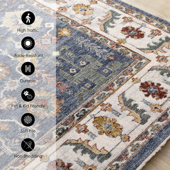 Tapis Olivia bleu a inspire tribal avec bordure, 7'10\" x 10'2\"