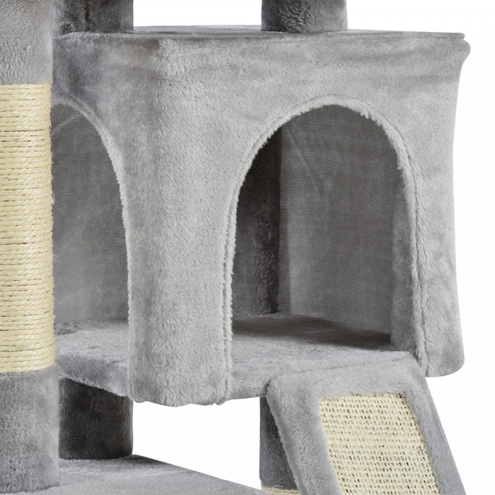 Pawhut Tour D'arbre A Chat En Peluche Centre D'activites Avec Poteau A Gratter En Sisal Planche A Gratter Condo Gris Clair