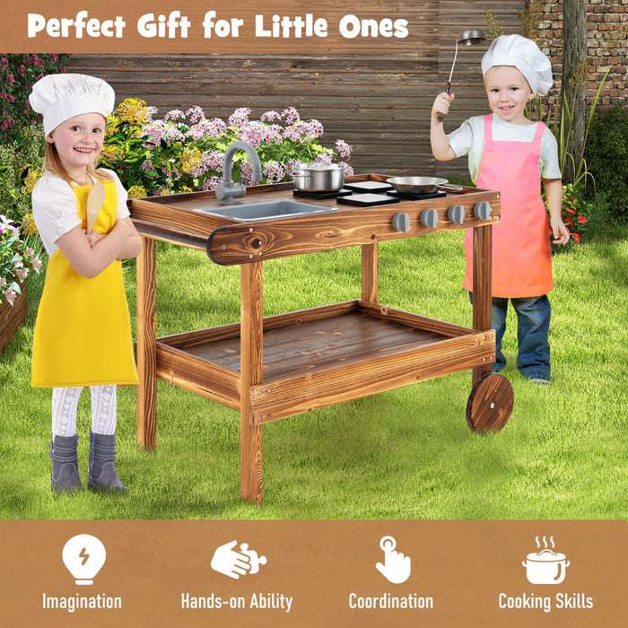Les Enfants En Bois Boue Jouer Chariot De Cuisine Avec Evier, 4 Poeles Et Etagere De Stockage Naturel