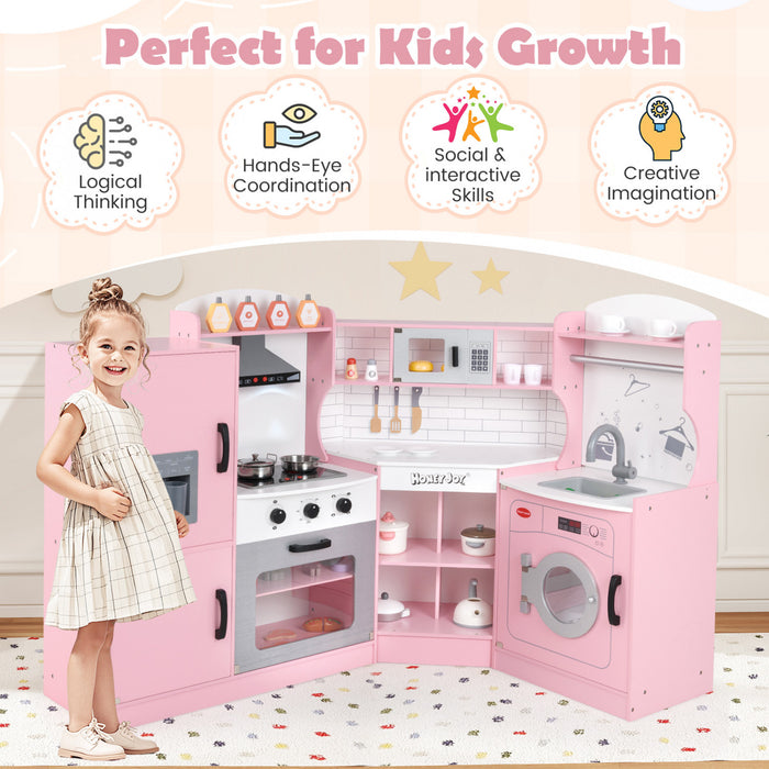 Honeyjou Corner Play Kitchen Baby Kitchen Playset Avec Capuchon De Gamme, Machine A Glace, Micro-ondes Rose