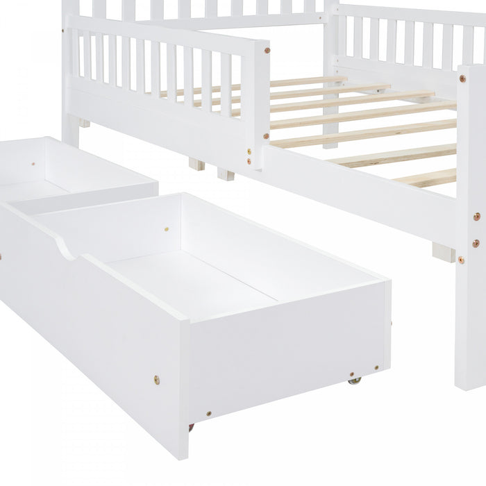Emma – Lit Plateforme en Bois avec Barrieres de Protection et Tiroirs de Rangement, Format Simple - Blanc