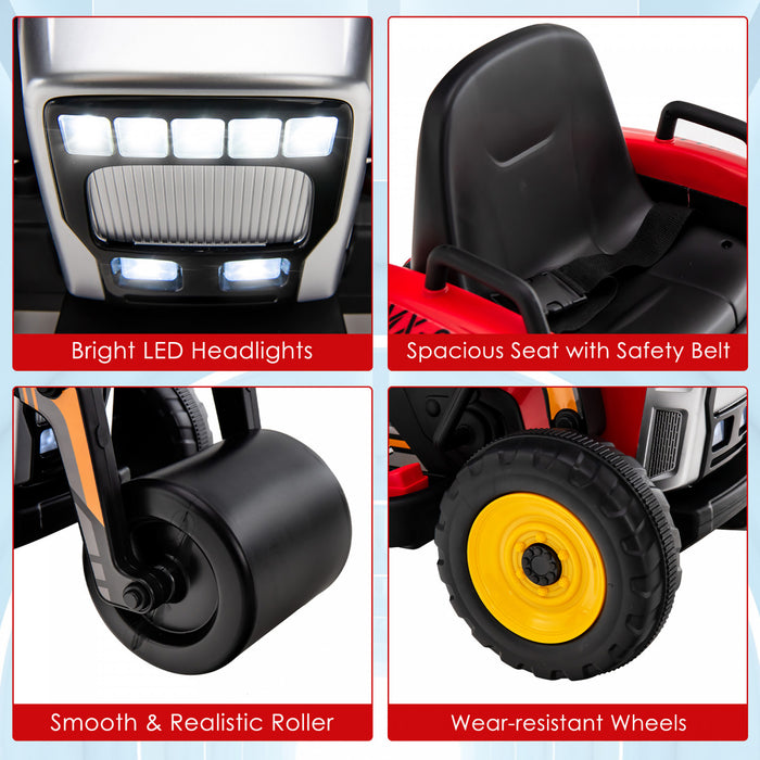 Costway Enfants Rouler Sur La Route Rouleau 12v Tracteur Electrique A Distance W / Musique & Led Lumiere Rouge