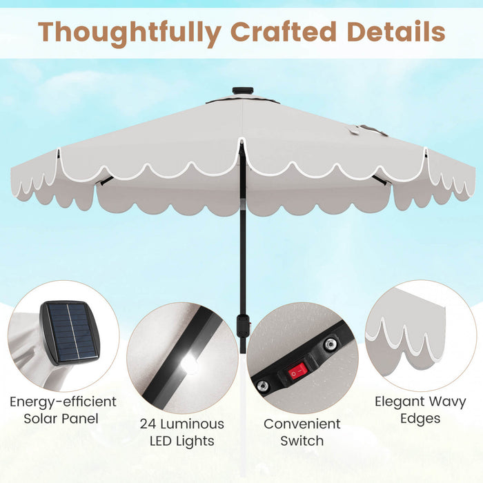 Parasol solaire Costway 9,3 FT style marche exterieur avec 24 LED, bordures, beige