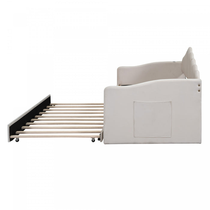 Lily Lit Relevable Capitonne avec Lit Gigogne et Ports de Chargement USB, Taille Twin, Beige