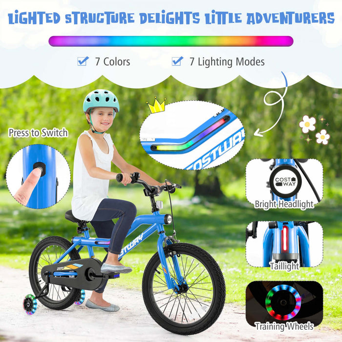 Costway 18\" Led Eclaire Velo Pour Enfants Avec Siege Reglable Coaster Frein Roues D'entrainement Bleu