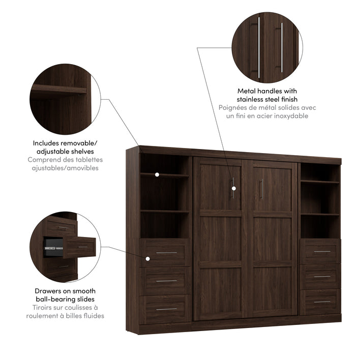 Lit double escamotable Pur de Bestar de 109 po avec 2 meubles à tablettes et tiroirs - noyer noir