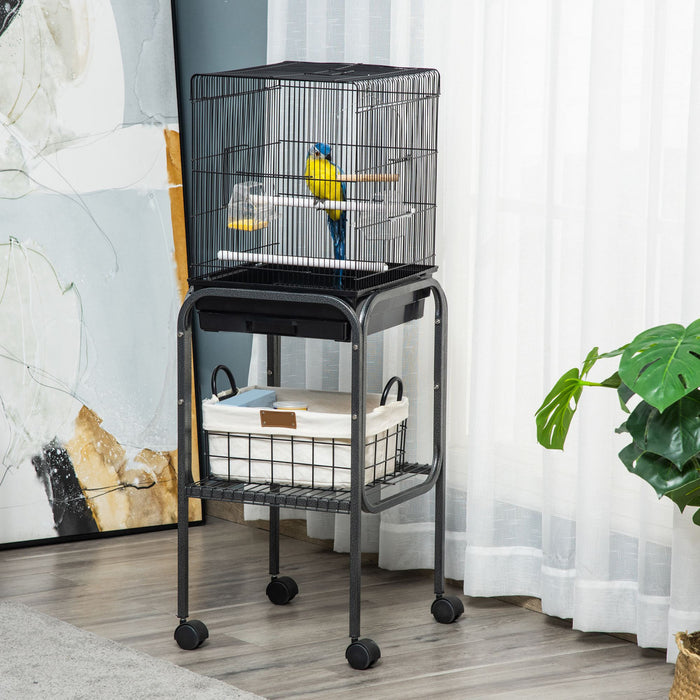 Pawhut 44,5\"h Support De Spot De Jeu Pour Perroquet En Metal Avec Cage A Oiseaux Avec Etagere De Rangement Pour Roues Multi-portes Noir