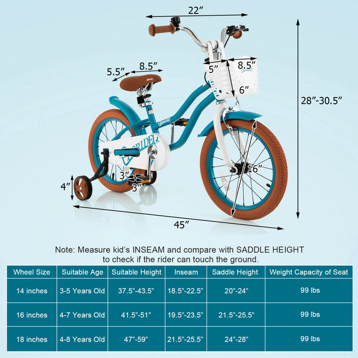 Costway 16 \"enfants Velo Tout-petit Velo Reglable Avec Roue D'entrainement Pour 4-7 Ans
