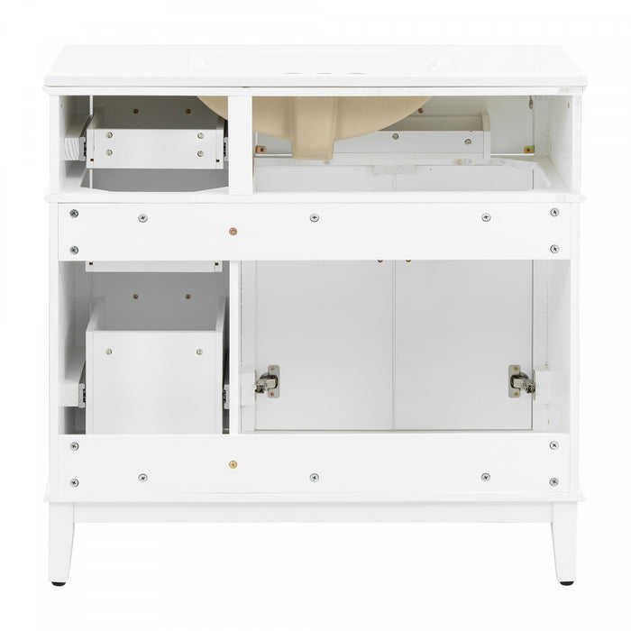 Ethan Meuble-lavabo de salle de bain en bois massif avec lavabo en ceramique et rangement intelligent, blanc