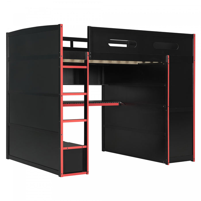 Jerry Lit mezzanine en bois avec bureau et rangement, Taille Double, Rouge