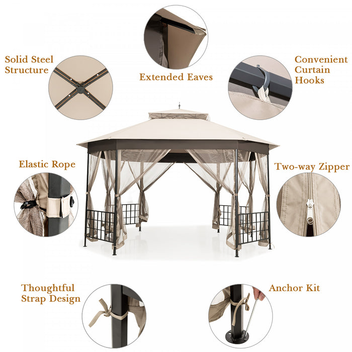 Marque Costway 304,8 Cm X 365,7 Cm Gazebo De Patio Octogonal Avec Double Auvent Et Parois Laterales En Filets