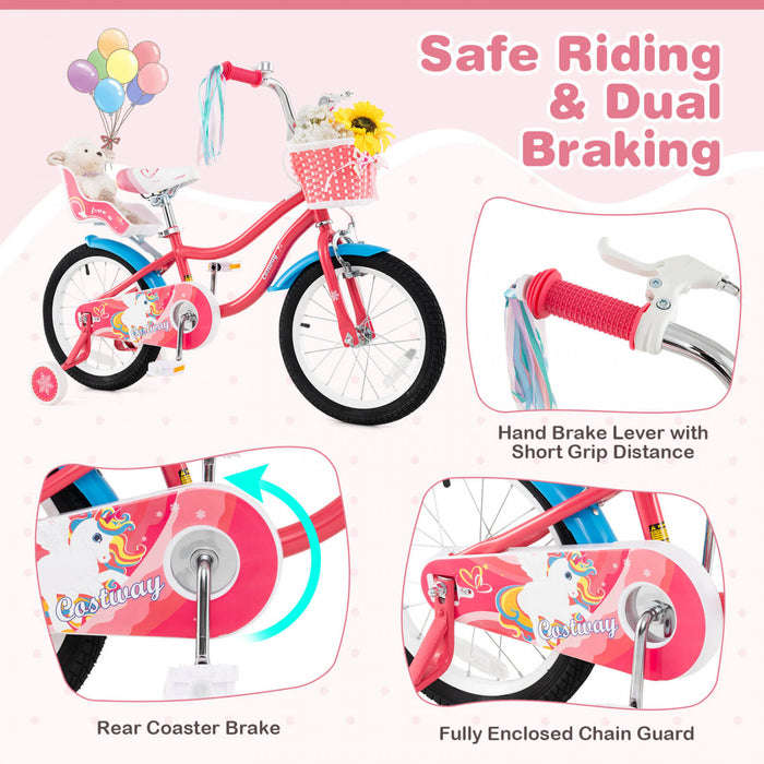Costway 16\" Velo Pour Enfants Avec Siege De Poupee Panier Et Streamers Colores 2 Roues D'entrainement Rose