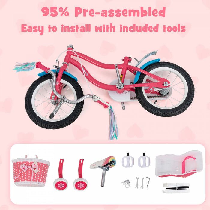 Costway 14 Pouces Enfants Velo Avec Panier Poupee Siege & Streamers Colores 2 Roues D'entrainement Rose