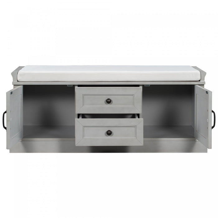 Banc De Rangement Boyce En Bois Massif Avec Meuble A Chaussures 4 Portes Et Coussin, Gris Patine
