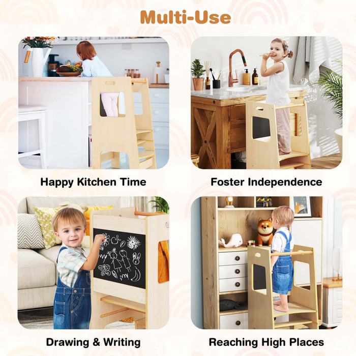 Tabouret D'etape De Cuisine Costway Pour Tout-petit Enfant Avec Tableau A Bois D'activite Reglable En Hauteur Et Rail De Securite Beige
