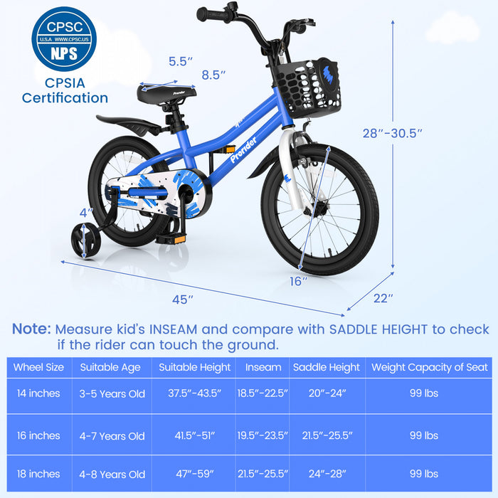 Velo Costway 16\" Pour Enfants Avec Roues D'entrainement Amovibles Et Panier Pour 4-7 Ans Bleu