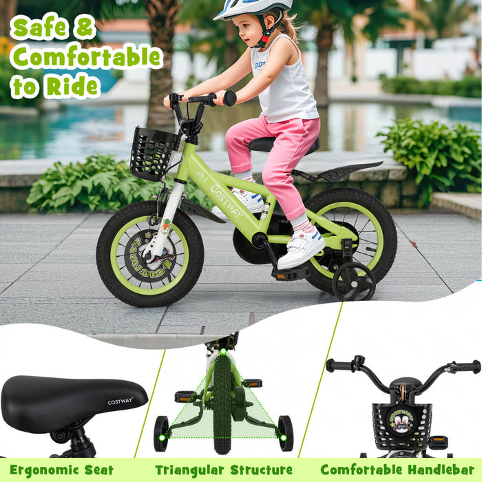 Costway 12\" Velo Pour Enfants Pour 3-4 Avec Guidon Reglable En Hauteur Et Frein A Main En Selle Vert