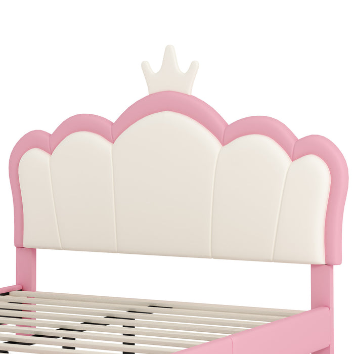 Lit Princesse Judson Tapisse Avec Tete De Lit En Forme De Couronne Et Cadre Plateforme En Pu, Taille Full, Rose