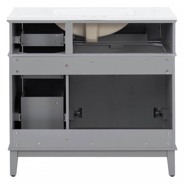 Ethan Meuble-lavabo de salle de bain en bois massif avec lavabo en ceramique et rangement intelligent, gris
