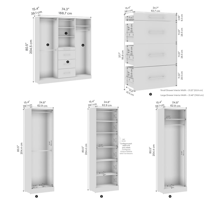 Système de garde-robe modulaire Florence de Bestar de 74 po avec tringles et rangement - blanc