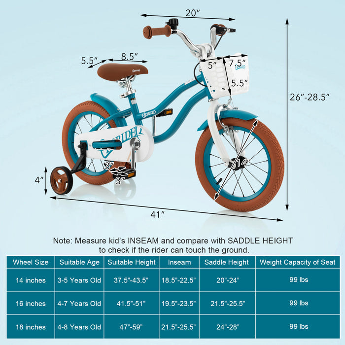 Velo Costway 14\" Pour Enfants Avec Roues D'entrainement Amovibles Et Panier Pour 3-5 Ans Bleu
