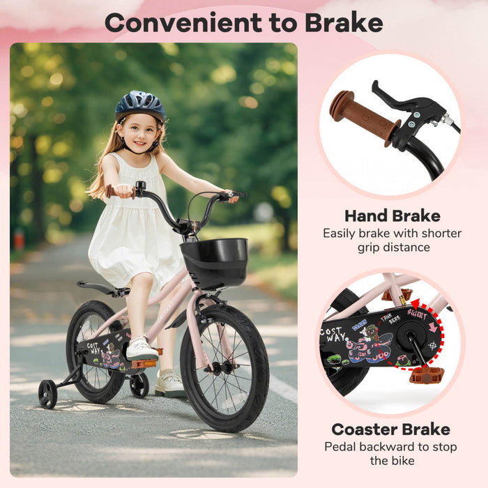 Costway 16\" Velo Pour Enfants Avec Roues D'entrainement Guidon Reglable Et Frein A Main De Siege Rose