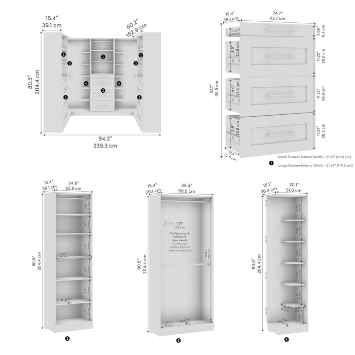 Système de pièce-penderie en forme de U modulaire de style Shaker Florence de Bestar de 94 po avec tringles et rangement - blanc