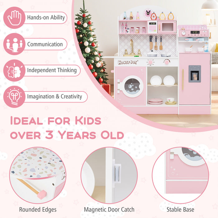 Honeyjoy Jeu De Cuisine Pour Enfants Jeu De Cuisine En Bois Avec Horloge, Micro-ondes, Evier, Plateau Rose