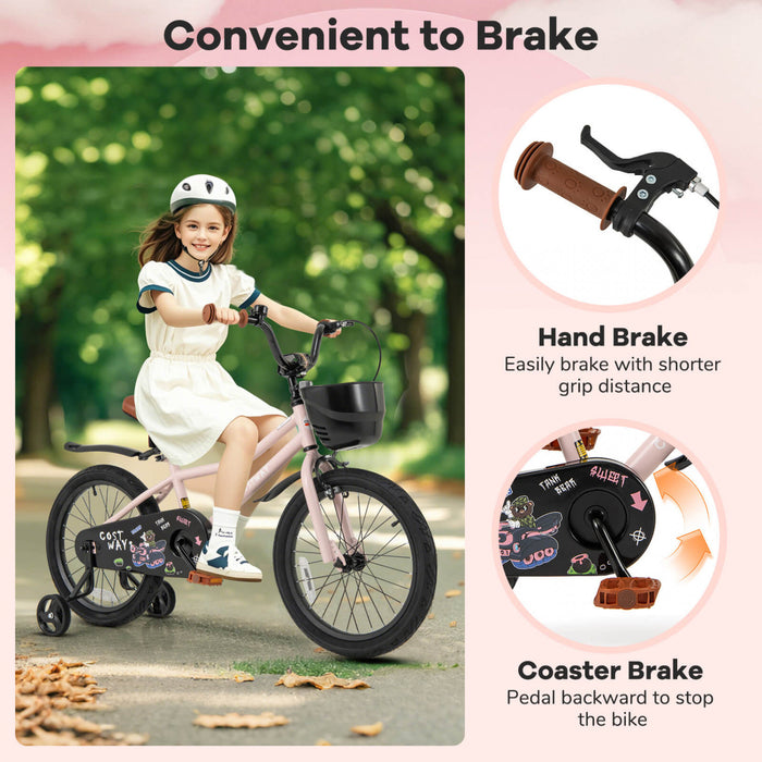 Costway 18\" Velo Pour Enfants Avec Roues D'entrainement Guidon Reglable Et Frein A Main De Siege Rose