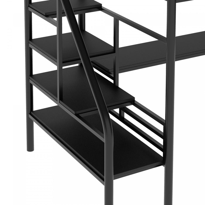 Cherry – Lit Mezzanine Simple En Metal, Design Compact Avec Bureau Et Eclairage Del – Noir